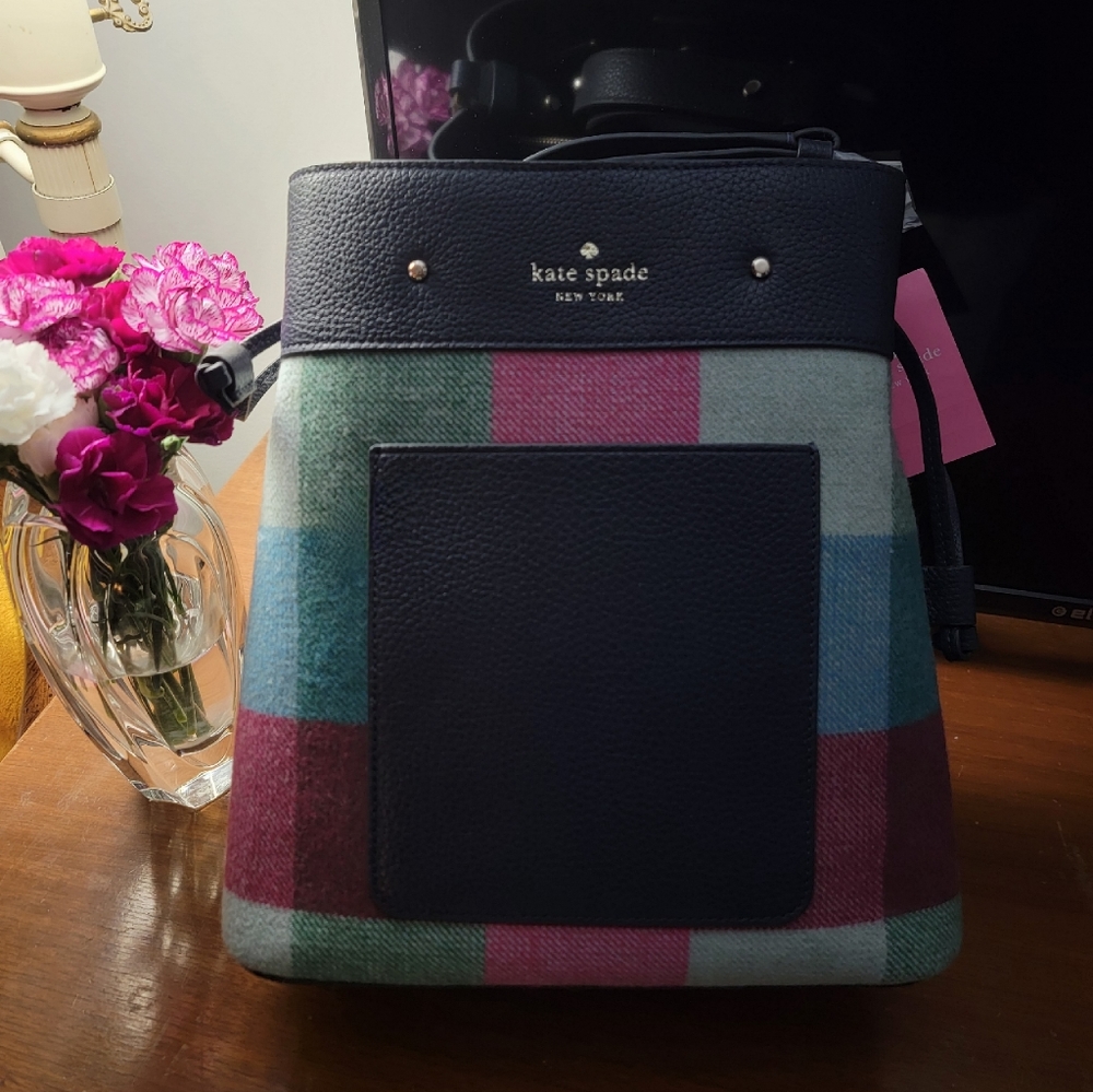Kate Spade Marti Large Festive Check Fabric Bucket Shoulder Bag, Navy Multi♠️